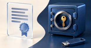Условный сертификат рядом с закрытым сейфом, ключом и USB-токеном