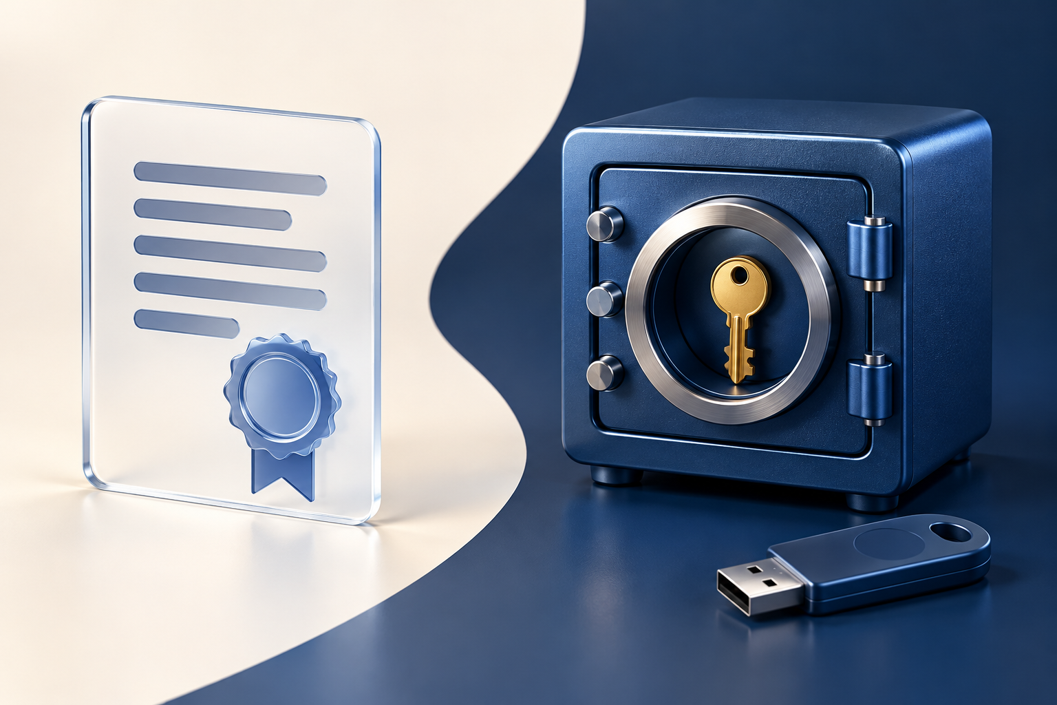 Условный сертификат рядом с закрытым сейфом, ключом и USB-токеном