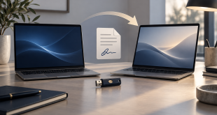 Два ноутбука, USB-токен и условная стрелка переноса рабочего места