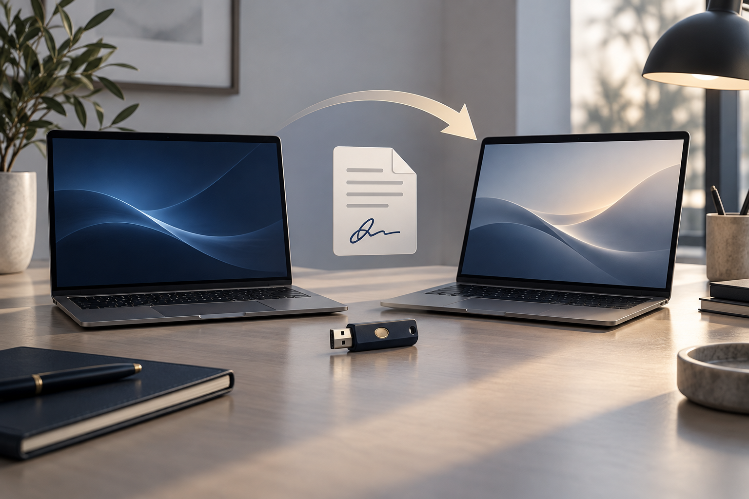 Два ноутбука, USB-токен и условная стрелка переноса рабочего места