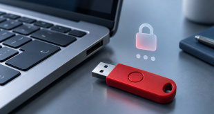 Красный USB-токен рядом с клавиатурой и условным закрытым замком