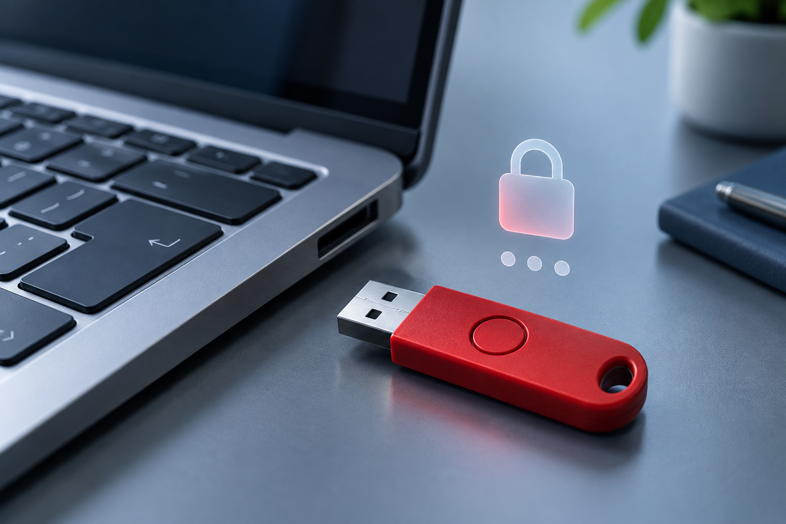 Красный USB-токен рядом с клавиатурой и условным закрытым замком