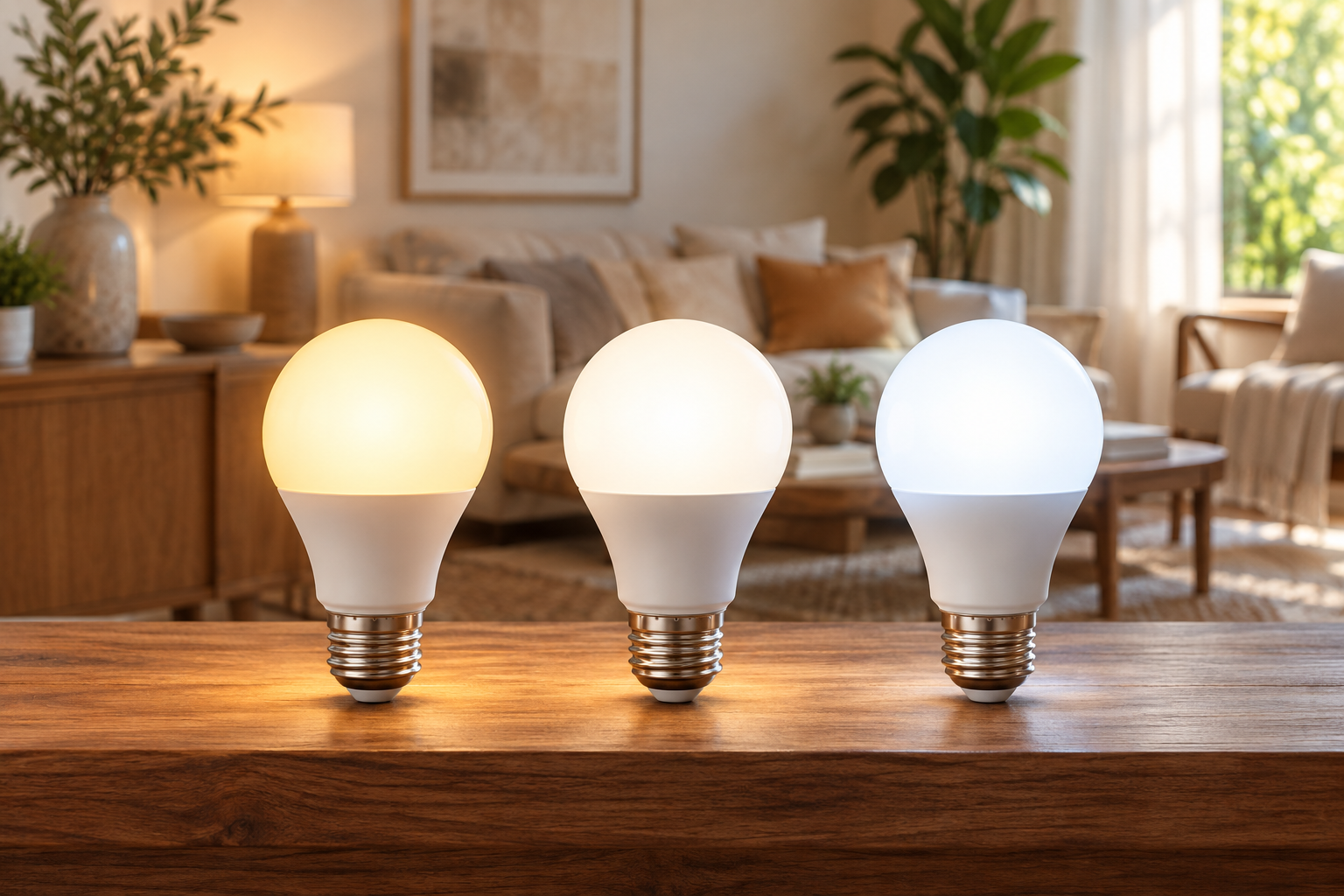 Три LED-лампы с винтовыми цоколями и разными оттенками белого света
